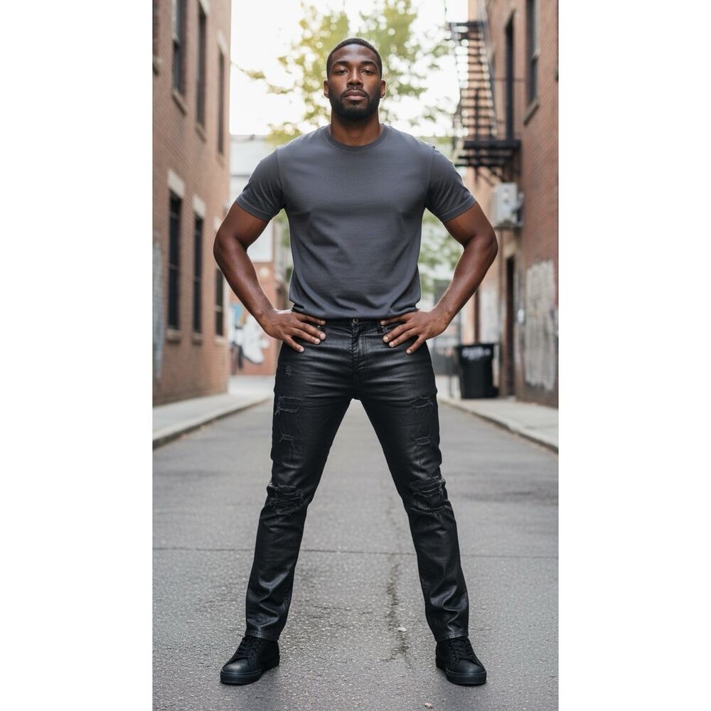 Smoke Rise Men's Jet Black Slim Fit Distressed Denim Jeans Cotton Urban 42x32